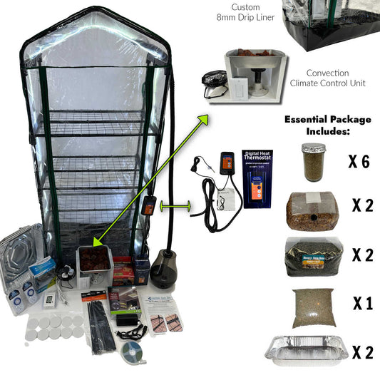 Collection of greenhouse accessories and equipment with labeled items on a white background